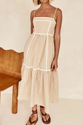 Contrast Trim Square Neck Midi Cami Dress Tan OutfitFlow